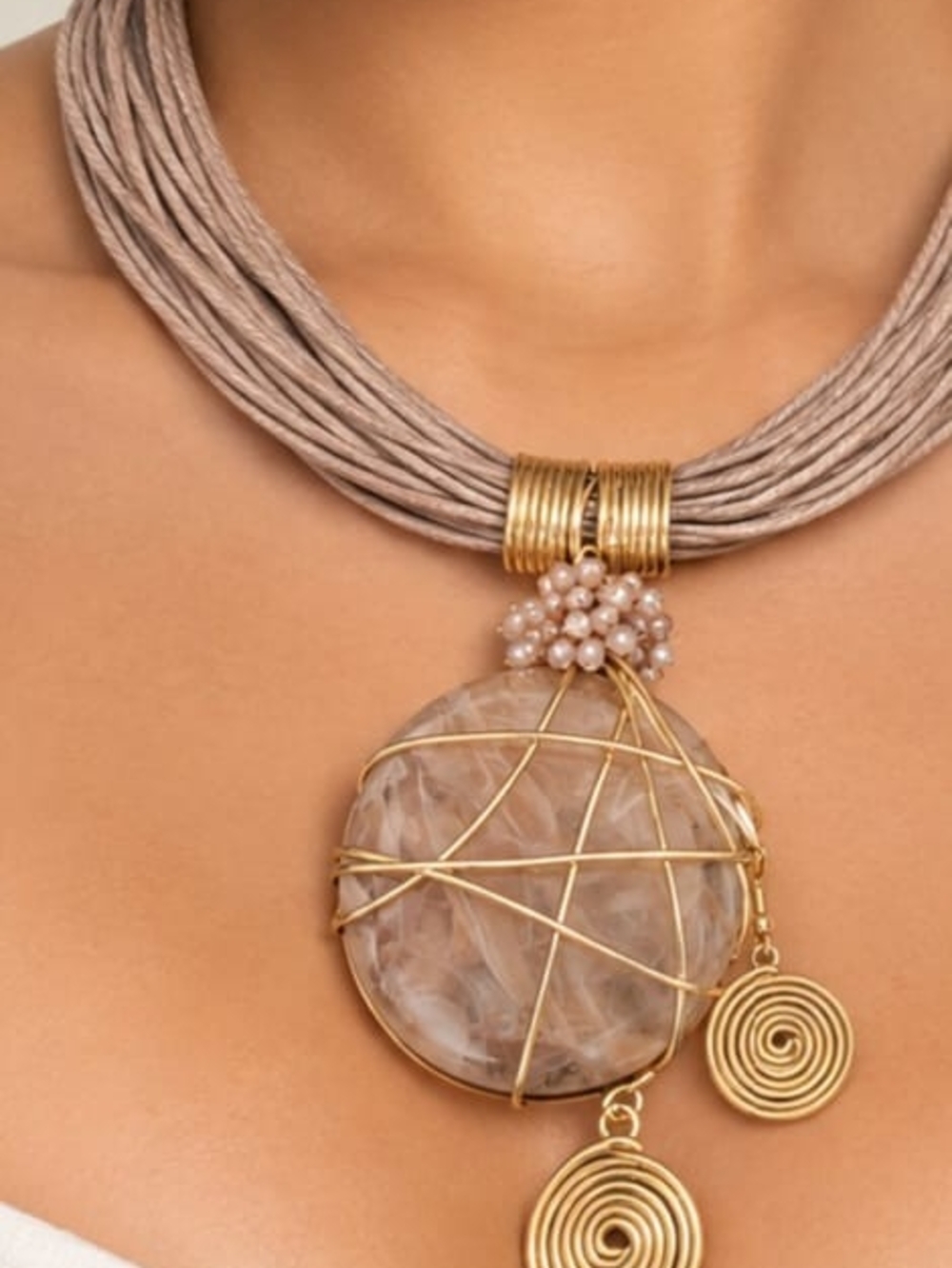 No Boundaries Taupe Multi-Strand Cord Necklace with Gold-Wrapped Stone Pendant